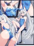  1girl absurdres alcmls1230 animal_ears armpits arms_up ass bar_stool bare_shoulders black_gloves black_pantyhose blue_bow blue_eyes blue_leotard blush bow breasts closed_mouth collarbone commentary_request covered_navel detached_collar embarrassed fake_animal_ears female_tyrant_(stella_sora) full_body gloves grey_hair high_heels highres korean_commentary leotard long_hair looking_at_viewer multiple_views open_mouth pantyhose playboy_bunny pointy_ears pumps rabbit_ears small_breasts smile stella_sora stool strapless strapless_leotard symbol-shaped_pupils tyrant_(stella_sora) very_long_hair 