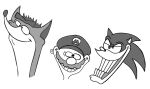  3boys commentary crash_bandicoot crash_bandicoot_(series) crossover ed_edd_n_eddy english_commentary facial_hair furry furry_male greyscale grin hat head_only male_focus mario mario_(series) monochrome multiple_boys multiple_crossover mustache parody simple_background smile sonic_(series) sonic_the_hedgehog style_parody warden201 