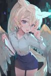  1girl :3 aqua_background blonde_hair blue_eyes blue_skirt blush breasts character_request clipboard commentary commission cowboy_shot elfe_art extra_ears feathered_wings glasses hair_between_eyes hand_on_own_face highres holding indie_virtual_youtuber long_hair looking_at_viewer office_lady open_mouth pointy_ears ponytail shirt sidelocks skeb_commission skirt small_breasts solo thighs virtual_youtuber white_shirt wings 