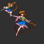  1girl amethy_(19833275) barefoot chinese_commentary circlet commentary_request detached_sleeves gold_circlet low_twintails monkey_tail pixel_art prehensile_tail red_eyes ruyi_jingu_bang single_bare_shoulder single_detached_sleeve smile solo son_biten tail touhou twintails 