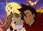  1boy 1girl :d absurdres ahoge anime_coloring artist_name bandaged_arm bandages black_hair blonde_hair blue_background brown_eyes burning_ahoge cloak closed_mouth copyright_name copyright_notice dark-skinned_male dark_skin earrings forbartz_xylo frown gradient_background hair_between_eyes hair_intakes highres huge_ahoge jewelry long_hair looking_ahead looking_to_the_side newtype official_art open_mouth parted_bangs purple_background red_cloak red_eyes scar scar_across_eyebrow scar_on_face short_hair smile spiked_hair split_mouth suzuki_kouta teeth teoritta third-party_source turning_head upper_body upper_teeth_only v-shaped_eyebrows yuushakei_ni_shosu 