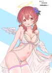  1girl :d alternate_costume angel angel_wings artist_name babydoll bare_arms bare_shoulders blue_background blue_flower blush bow bow_panties breasts brown_eyes brown_hair cleavage collarbone commentary cowboy_shot double-parted_bangs feathered_wings flower front_slit hair_between_eyes hair_flower hair_ornament halo highres large_breasts leaning_forward long_hair looking_at_viewer low_twintails murosaki_miyo navel onii-chan_wa_oshimai! open_mouth pa_panahana panties red_hair simple_background smile solo sparkle stomach thighhighs twintails two-tone_background underwear white_babydoll white_background white_panties white_thighhighs white_wings wings yellow_halo 