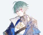  1boy ahoge armor belt belt_collar black_belt blood blood_on_face blue_shirt choker coat collar collared_shirt commentary ear_piercing earrings genshin_impact green_hair grin hair_between_eyes hair_intakes highres jewelry kumoyaki lohen_(genshin_impact) long_sleeves looking_at_viewer male_focus mole mole_under_eye multicolored_eyes piercing shirt short_hair shoulder_armor single_earring smile solo twitter_username untranslatable_commentary upper_body white_background 