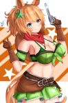  1girl absurdres animal_ears armband bandana bandeau bare_shoulders blue_eyes blush breasts brown_gloves brown_hair cleavage closed_mouth coin coin_flip colt_single_action_army commentary_request cowboy_hat gloves green_armband green_bandeau green_skirt gun hair_ornament hat hat_on_back highres holding holding_gun holding_weapon horse_ears horse_girl horse_tail imoyama_01 large_breasts long_hair looking_at_viewer midriff navel ponytail purple_thighhighs red_bandana revolver sheriff_badge skirt smile solo star_(symbol) star_hair_ornament taiki_shuttle_(umamusume) taiki_shuttle_(wild_frontier)_(umamusume) tail thighhighs umamusume weapon 