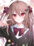  1girl absurdres ahoge badge black_cardigan blush bow bowtie broken_heart broken_heart_hair_ornament brown_hair button_badge buttons cardigan chinese_commentary collared_shirt commentary_request evil_neuro-sama evil_neuro-sama_(1st_costume) fyx02 grin hair_between_eyes hair_ornament hair_ribbon hand_up heart heart_button heart_hair_ornament highres long_hair long_sleeves looking_at_viewer red_bow red_bowtie red_eyes red_ribbon ribbon shirt skull_hair_ornament smile solo sparkle teeth turtle_button two_side_up upper_body vedal_ai virtual_youtuber w white_shirt 