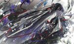  1girl absurdres black_hair black_kimono blue_eyes blue_ribbon commentary_request floral_print floral_print_kimono hair_ribbon hands_up highres holding holding_ribbon japanese_clothes kimono korean_commentary layered_kimono long_hair long_sleeves looking_at_viewer making-of_available open_mouth original print_kimono red_ribbon ribbon sidelighting skull solo upper_body very_long_hair white_ribbon wide_sleeves yoyo_(wtsnkernsi) 