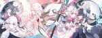  5girls absurdres arcaea bare_shoulders beret bib_collar black_dress black_hair blue_butterfly blue_eyes bow bug butterfly closed_mouth clothing_cutout collar commentary detached_collar detached_sleeves detached_wings draaaaaaalch dress dress_bow flower flower_wreath frilled_dress frilled_sleeves frilled_wrist_cuffs frills gem_hat_ornament glass_shards hair_bow hair_ornament hair_ribbon hat hat_ribbon highres hikari_(arcaea) hikari_(fatalis)_(arcaea) hikari_(reunion)_(arcaea) long_hair long_sleeves mechanical_wings multiple_girls pink_bow pink_hair red_eyes red_hat ribbon shoulder_cutout side_cutout sword tairitsu_(arcaea) tairitsu_(reunion)_(arcaea) twintails very_long_hair weapon white_collar white_dress white_sleeves white_wrist_cuffs wide_sleeves wings wrist_cuffs wrist_ribbon yuri 