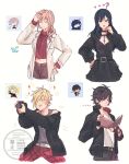  2boys 2girls black_dress black_hair blonde_hair book camera chibi clive_rosfield clive_rosfield_(hellfire_jacket) commentary cropped_legs dissidia_duellum_final_fantasy dissidia_final_fantasy dress ff14hioo_oo7 final_fantasy final_fantasy_xiii final_fantasy_xiv final_fantasy_xv final_fantasy_xvi gaia_(artemis_gothic_dress)_(ff14) gaia_(ff14) hand_on_own_hip holding holding_camera jacket lightning_farron lightning_farron_(modern_jacket) midriff multiple_boys multiple_girls navel official_alternate_costume pink_hair prompto_argentum prompto_argentum_(friendly_photographer) reading reference_inset white_jacket 