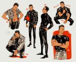  1boy abs bare_pectorals belt belt_buckle black_belt black_hair black_pants black_shirt buckle cigarette closed_mouth coat commentary_request cropped_legs dam_(okdam3) english_text frown fullmetal_alchemist greed_(fma) grey_background grey_coat grey_pants hair_slicked_back hands_in_pockets hawaiian_shirt highres invisible_chair jacket jacket_on_shoulders lapels male_focus middle_finger multiple_views notched_lapels pants pectorals print_shirt red_jacket shirt shoes short_hair sitting smoke smoking squatting sunglasses two-sided_fabric two-sided_jacket watch wristwatch 