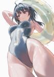  1girl absurdres arknights arm_up black_feathers black_hair blue_eyes blush breasts commentary covered_navel feather_hair feathers from_below grey_one-piece_swimsuit hair_intakes highleg highleg_one-piece_swimsuit highres holding holding_swim_ring la_pluma_(arknights) looking_to_the_side medium_breasts one-piece_swimsuit short_hair simple_background solo swim_ring swimsuit thighs untranslatable_commentary uof white_background 