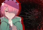  1boy 2girls absurdres artist_name cloak closed_mouth commentary facing_viewer finger_to_mouth green_cloak hair_over_one_eye hair_ribbon hand_up headdress highres hood hood_down hooded_cloak long_sleeves looking_at_viewer meili_portroute multiple_girls natsuki_subaru official_alternate_costume pink_hair ram_(re:zero) re:zero_kara_hajimeru_isekai_seikatsu red_eyes ribbon ristarx1 short_hair shushing 
