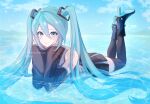  1girl amechatou aqua_eyes aqua_hair aqua_necktie black_boots black_skirt black_sleeves black_thighhighs boots breasts closed_mouth collared_shirt commentary_request detached_sleeves grey_shirt hair_between_eyes hatsune_miku hatsune_miku_(vocaloid6) head_rest high_heel_boots high_heels highres long_hair looking_at_viewer necktie outdoors shirt skirt sleeveless sleeveless_shirt solo thighhighs twintails very_long_hair vocaloid water 