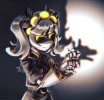  1girl black_bow black_coat black_jacket black_necktie bow coat collared_coat dog_shadow_puppet dogxlover19 glowing glowing_eyes grey_hair hair_bow highres humanoid_robot j_(murder_drones) jacket joints looking_at_viewer mechanical_arms murder_drones necktie robot robot_girl robot_joints short_sleeves short_twintails twintails watermark 
