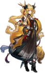  1girl arknights bare_shoulders belt black_boots black_dress blonde_hair boots breasts choker detached_sleeves dress full_body gloves hand_on_own_hip hand_up high_heel_boots high_heels highres horns leizi_(arknights) leizi_the_thunderbringer_(arknights) long_hair long_sleeves looking_at_viewer official_art pointy_ears purple_eyes ryuuzaki_ichi sidelocks simple_background sleeveless sleeveless_dress smile solo standing tachi-e tail tassel third-party_source transparent_background very_long_hair white_gloves wide_sleeves 