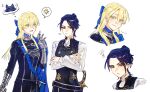  2girls :d absurdres belt black_belt black_hair blonde_hair blue_cape blue_eyes breasts cape chinese_commentary closed_mouth commentary_request crossed_arms dimitri_alexandre_blaiddyd em37156787 felix_hugo_fraldarius fire_emblem fire_emblem:_three_houses fully_genderswapped_group garreg_mach_monastery_uniform genderswap genderswap_(mtf) hair_between_eyes highres imagining long_hair multiple_girls multiple_views open_mouth sheath shirt side_cape small_breasts smile speech_bubble spoken_animal spoken_sun squiggle sweatdrop thought_bubble tongue waving white_shirt 