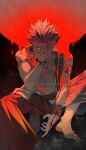  1boy absurdres armlet black_hair bracelet covered_mouth dreonya ensemble_stars! hand_on_own_face hand_up highres jewelry kiryu_kuro male_focus multicolored_hair naked_vest pants red_hair short_hair single_bare_foot sitting solo toned toned_male two-tone_hair vest 