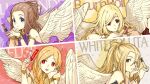  4girls :d :o angel angel_wings armlet bad_id bad_pixiv_id bare_shoulders baum_roll between_fingers black_shirt blonde_hair blue_eyes border bourbon_corporation bracer braid braided_base brown_hair bun_with_braided_base chocolate closed_mouth column_lineup dress drop_shadow elise_(wafer) english_text feathered_wings flying_sweatdrops food from_behind gold_armlet hair_between_eyes hair_bun hair_pulled_back half_up_braid halo halter_shirt halterneck head_rest high_ponytail holding holding_chocolate holding_food jewelry kaworu_(kaw_lov) long_hair looking_at_food looking_at_viewer looking_to_the_side lumonde middle_part multiple_girls original own_hands_together parted_lips personification ponytail purple_background purple_dress red_background red_eyes shirt single_braid sleeveless sleeveless_dress sleeveless_shirt smile traditional_halo upper_body white_background white_border white_rollita white_shirt white_wings wings yellow_background 