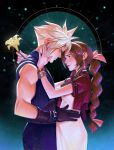  1boy 1girl aerith_gainsborough arm_around_neck arm_belt belt blonde_hair blue_pants blue_shirt bracelet braid braided_ponytail breasts brown_belt brown_gloves brown_hair closed_eyes closed_mouth cloud_strife couple cowboy_shot cropped_jacket dress final_fantasy final_fantasy_vii final_fantasy_vii_remake flower gloves gold_bangle hair_ribbon halo hand_on_another's_neck hand_on_another's_waist hetero highres holding holding_flower jacket jewelry lily_(flower) long_hair looking_at_another medium_breasts multiple_belts multiple_bracelets pants parted_bangs parted_lips pink_dress pink_ribbon pinksunnys red_jacket ribbed_shirt ribbon shirt short_hair short_sleeves sidelocks silver_bangle single_bare_shoulder single_braid sleeveless sleeveless_turtleneck smile spiked_hair toned toned_male turtleneck yellow_flower 