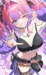  +_+ 1girl ahoge arm_strap belt black_belt black_bra black_ribbon black_shorts black_thighhighs blue_eyes blush bra bra_over_clothes breasts cargo_pants collarbone commentary_request cosmetics detached_sleeves fang fingernails grin hair_intakes hair_ribbon highres hololive hololive_dev_is kikirara_vivi large_breasts lipstick_tube long_hair looking_at_viewer makeup_brush midriff multicolored_hair nail_polish navel omio one_eye_closed pants pink_background pink_hair pink_lips pink_nails polka_dot polka_dot_background purple_background purple_hair purple_pants purple_sleeves ribbon shirt short_sleeves shorts smile solo sparkle_print stomach teeth thighhighs twintails two-tone_hair underwear virtual_youtuber white_shirt 