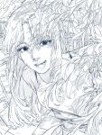  1girl :d arm_behind_back arm_up branch commentary_request cowboy_shot curtained_hair dappled_sunlight greyscale hatching_(texture) highres jcjiro leaf leaning_forward long_hair long_sleeves looking_at_viewer monochrome nose original outdoors parted_bangs plant railing shadow shirt shorts smile solo sunlight teeth tile_floor tiles 