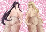  2girls absurdres ass ass_support black_hair blonde_hair blue_eyes blush breasts commission commissioner_upload fishnet_pantyhose fishnets from_below grabbing_own_ass gradient_background hair_intakes hair_ribbon highres huge_ass huge_breasts incredibly_absurdres kazehana large_breasts long_hair looking_at_viewer looking_back multiple_girls nipples non-web_source nude pantyhose presenting_own_ass presenting_own_body purple_eyes purple_hair ribbon sekirei smile tlalockarte tsukiumi 