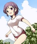  :d absurdres blue_sky blush buruma cloud cowboy_shot day gym_uniform highres kamekichi_(kamekiti) kami_nomi_zo_shiru_sekai looking_at_viewer open_mouth outdoors plant purple_eyes running short_hair sky smile sportswear takahara_ayumi tree 