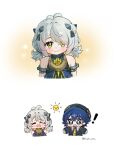  ! 2girls ahoge bare_shoulders belle_(brilliance_of_stars)_(zenless_zone_zero) belle_(zenless_zone_zero) black_hat blue_hair blush chibi closed_eyes commentary crossed_bangs dracaene_sunbringer green_eyes grey_hair hair_between_eyes hair_over_one_eye happy hat highres hue_oo long_hair low_twintails multiple_girls official_alternate_costume open_mouth short_hair simple_background smile sun twintails untranslatable_commentary upper_body white_background yellow_eyes zenless_zone_zero 