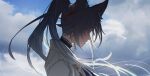  1girl animal_ear_fluff animal_ears beads blue_hair blue_shirt blue_sky breasts chinese_clothes closed_mouth cloud cloudy_sky coat commentary_request day earclip earrings feixiao_(honkai:_star_rail) floating_hair fox_ears fox_girl from_side gradient_hair grey_hair hair_beads hair_ornament high_ponytail highres honkai:_star_rail honkai_(series) jewelry large_breasts long_hair multicolored_hair necklace no_eyes outdoors ponytail shirt single_earring sky smile solo tassel tassel_hair_ornament two-tone_hair upper_body white_coat zassyoku_dd 