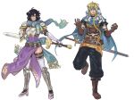  1boy 1girl absurdres aged_up alternate_costume alternate_hair_length_(longer) alternate_hairstyle alternate_universe amputee armor ayra_(fire_emblem) belt black_pants blue_cape blue_eyes blue_scarf boots braid braided_ponytail breastplate breasts brown_belt brown_boots brown_gloves cape commentary dew_(fire_emblem) dress english_commentary facial_hair fire_emblem fire_emblem:_genealogy_of_the_holy_war full_body gloves goatee greatsword greaves hair_over_shoulder highres holding holding_sword holding_weapon juicet1n long_hair medium_breasts midriff multiple_belts pants pauldrons petrification purple_dress scarf short_hair shoulder_armor side_slit single_braid smile standing standing_on_one_leg striped_clothes striped_scarf sword thighs weapon 