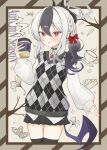  1girl :o absurdres alternate_costume animal_print argyle_clothes argyle_sweater autumn bare_tree black_hair black_skirt black_thighhighs blue_archive blush bow braid bright_pupils brooch casual cat_print collared_shirt commentary_request cowboy_shot cup demon_girl demon_horns demon_wings disposable_cup earclip grey_halo hair_between_eyes hair_bow halo hand_up highres holding holding_cup horns jewelry kayoko_(blue_archive) looking_at_viewer low_ponytail low_wings miniskirt multicolored_hair open_mouth outside_border pleated_skirt ponytail red_bow red_eyes shirt side_braid single_wing skirt sleeves_past_wrists slit_pupils solo steam sweater tanabata_natsuki thighhighs tree two-tone_hair white_hair white_pupils white_shirt white_sweater wings zettai_ryouiki 