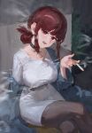  1girl absurdres breasts cigarette commentary_request crossed_legs dress highres holding holding_cigarette large_breasts looking_at_viewer open_mouth pantyhose red_eyes red_hair sentter smile smoke smoke_trail smoking solo super_no_ura_de_yani_suu_futari tayama_(super_no_ura_de_yani_suu_futari) white_dress 