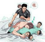  2boys back black_hair black_shirt blanket brown_hair character_doll chinese_commentary closed_eyes coach commentary_request doll flag_print haikyuu!! highres hugging_object iwaizumi_hajime japanese_flag japanese_flag_print looking_at_another male_focus multiple_boys oikawa_tooru_(haikyuu!!) pillow pillow_hug polo_shirt shirt short_hair simple_background sleeping spoken_squiggle squiggle topless_male white_background yuan_jessie0430 zzz 