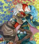  3girls absurdres armor blonde_hair blue_hair brown_dress closed_eyes commentary commission dress english_commentary facing_another fire_emblem fire_emblem:_three_houses fire_emblem_warriors:_three_hopes frilled_dress frills from_side fusenryo girl_sandwich green_dress group_hug highres hug long_hair marianne_von_edmund mercedes_von_martritz monica_von_ochs multiple_girls official_alternate_costume official_alternate_hairstyle red_hair sandwiched second-party_source shoulder_armor yuri 