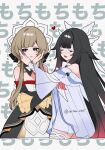  2girls bare_shoulders black_dress black_hair black_sleeves blue_eyes bow brown_hair closed_eyes columbina_(genshin_impact) commentary_request detached_sleeves dress eye_mask genshin_impact gradient_hair hands_on_another's_face head_wings heart highres long_hair long_sleeves mask multicolored_hair multiple_girls open_mouth red_hair sandrone_(genshin_impact) smile suisan_0105 twitter_username very_long_hair white_background white_bow white_dress white_wings wings wrist_bow 