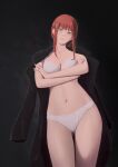  1girl aanryus absurdres black_coat bra breasts chainsaw_man closed_mouth coat commentary crossed_arms highres large_breasts looking_at_viewer makima_(chainsaw_man) navel panties red_hair ringed_eyes solo underwear white_bra white_panties yellow_eyes 