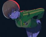  1girl badge bent_over black_background breasts brown_hair button_badge commentary dark_background english_commentary glowing glowing_eyes green_jacket houndstooth jacket long_sleeves persona persona_4 satonaka_chie school_uniform shadow_(persona) shadow_chie simple_background smile smiley_face solo spoiledmuffin thighs tomboy track_jacket yasogami_school_uniform yellow_eyes 