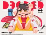  1girl absurdres arm_behind_head artist_name ass black_hair body_freckles bow-shaped_hair breasts brown_eyes bunysk callie_(splatoon) chest_freckles commentary cover cover_page cross-shaped_pupils earrings english_commentary fake_cover fake_magazine_cover fangs feet freckles gradient_hair headband highres inkling jewelry kneehighs knees_up leotard long_hair lying magazine_cover mat medium_breasts mole mole_under_eye multicolored_hair on_back open_mouth red_hair red_headband red_leotard signature skin_tight smile socks solo splatoon_(series) spread_legs stirrup_legwear suction_cups symbol-shaped_pupils tentacle_hair thighs toeless_legwear toeless_socks toes twitter_username very_long_hair wristband 