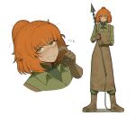  1girl apron boots brown_apron brown_boots brown_gloves collared_shirt commentary dirty dirty_clothes full_body gloves green_jumpsuit green_shirt grin half_updo highres holding_harpoon ishmael_(project_moon) ishmael_(the_pequod)_(project_moon) jumpsuit limbus_company messy_hair misg1111 multiple_views nervous_smile project_moon rubber_boots rubber_gloves shirt sidelocks smile sweat untranslatable_commentary 