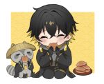  1boy black_gloves black_hair black_jacket black_pants blonde_hair chibi chibi_only closed_eyes commentary_request dorayaki earrings eating food food_in_mouth gloves grey_hoodie holostars hood hoodie jacket jewelry kotatsu_(yatogami_fuma) male_focus mioto_(tsubsq_m) multicolored_hair pants raccoon sandogasa seigaiha seiza sitting virtual_youtuber wagashi wide_sleeves yatogami_fuma yatogami_fuma_(1st_costume) yellow_background 