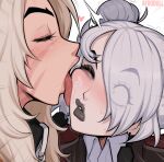  2girls afrobull age_difference animal_collar black_eyeshadow black_lips blush closed_eyes collar commentary deadlock_(game) double_bun earrings english_commentary eyeshadow freckles graves_(deadlock) hair_bun hair_over_one_eye heart height_difference jacket jewelry licking licking_another's_cheek licking_another's_face lips lipstick makeup multiple_girls necromancer one_eye_closed open_mouth pale_skin red_jacket saliva scar scar_on_face school_uniform see-through_hair shirt silver_(deadlock) surprised sweat sweatdrop tongue tongue_out werewolf white_hair white_shirt wide-eyed yuri 