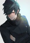  1boy ahoge black_hat black_jacket black_shirt blue_hair buttons commentary_request crossed_arms double-breasted earrings facing_to_the_side final_fantasy final_fantasy_xiv glint hair_over_one_eye hat high_collar jacket jewelry jitome looking_at_viewer male_focus newsboy_cap one_eye_covered original purple_eyes seri-seri shirt short_hair sideways_glance simple_background smile solo turtleneck turtleneck_shirt upper_body warrior_of_light_(ff14) white_background 