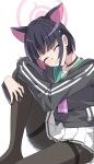  1girl ^_^ absurdres animal_ears bell black_choker black_hair blue_archive cat_ears choker closed_eyes commentary_request facing_viewer green_sailor_collar grey_jacket grey_pantyhose grin halo highres jacket jingle_bell kazusa_(blue_archive) knees_up long_sleeves multicolored_hair neck_bell pantyhose pink_hair pleated_skirt puffy_long_sleeves puffy_sleeves ryoji_minato sailor_collar school_uniform serafuku simple_background sitting skirt smile solo thighband_pantyhose two-tone_hair white_background white_skirt 
