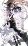  1girl absurdres belt black_boots black_dress black_scarf boots braid brown_eyes brown_hair commentary_request dress floating_hair flower hair_flower hair_ornament hair_ribbon headscarf highres holding holding_sword holding_weapon juliet_sleeves katana korean_commentary lace-up_boots layered_dress long_dress long_hair long_sleeves making-of_available neck_ribbon original pink_ribbon puffy_sleeves purple_ribbon ribbon scarf sheath sheathed solo star_(sky) sword very_long_hair weapon white_dress white_flower white_ribbon yoyo_(wtsnkernsi) 