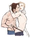  2boys abs arched_back arm_around_neck arm_up ass bandaged_hand bandages black_pants blonde_hair blue_pants blush brown_hair bucky_barnes captain_america_(series) closed_mouth cropped_legs denim eye_contact groin hand_on_another's_neck jeans lace lace_panties looking_at_another looking_to_the_side male_focus marvel multiple_boys navel open_mouth panties pants panty_pull pectorals short_hair sideburns sideways_glance simple_background smile steve_rogers toned toned_male underwear unfinished white_background yaoi yummyman 
