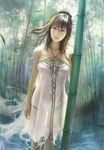  bamboo bamboo_forest breasts brown_eyes brown_hair cleavage dress eat0123 forest hair_ornament large_breasts long_hair nature original realistic solo standing 