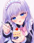  1girl :d absurdres alternate_costume apron back_bow blue_eyes blush bow bowtie cake cake_slice commentary_request cowboy_shot detached_collar double_bun enmaided eyelashes feeding_viewer fingernails food fork frilled_apron frills fruit gensou_roukaku hair_behind_ear hair_between_eyes hair_bow hair_bun hair_over_shoulder hands_up happy highres holding holding_fork long_hair long_sleeves looking_at_viewer maid maid_apron maid_headdress naruse_shiroha open_mouth pink_bow pink_bowtie ringed_eyes sidelocks simple_background smile solo story_in_commentary straight_hair strawberry summer_pockets very_long_hair white_apron white_background white_bow white_hair 
