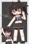  >_< 1girl :o absurdres bare_arms bare_shoulders bike_shorts bike_shorts_under_skirt black_background black_hair black_shirt black_shoes black_skirt blue_neckerchief blush border closed_eyes collarbone commentary_request crop_top cropped_shirt facing_viewer full_body hana_kazari hand_up highres jitome midriff miniskirt multiple_views navel neckerchief open_mouth original outline outside_border pleated_skirt sailor_collar shirt shoes short_hair simple_background skirt sleeveless sleeveless_shirt socks standing thick_eyebrows translation_request wavy_mouth white_border white_outline white_sailor_collar white_socks 