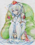  animal_ears bare_shoulders blush breasts colored_pencil_(medium) detached_sleeves hat highres inubashiri_momiji kitazinger large_breasts looking_at_viewer red_eyes short_hair sitting skirt solo tail thighhighs tokin_hat touhou traditional_media white_hair white_legwear wolf_ears wolf_tail 