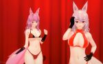  1girl 2girls animal_ears animated animated_gif artist_name bikini black_gloves breasts charis_cranberry_rain cleavage commentary english_commentary fox_ears fox_girl fox_tail gloves large_breasts looking_at_viewer maia_the_scarlet_dawn_fox md5_mismatch multiple_girls multiple_tails nozomisa original pink_hair red_bikini self-upload swimsuit tail 