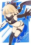  1girl ahoge ark_kan bikini black_bikini black_bow black_gloves black_scarf black_thighhighs blonde_hair blush bow breasts cleavage commentary copyright_name dated fate/grand_order fate_(series) gloves hair_between_eyes hair_bow holding holding_weapon leg_up looking_at_viewer medium_breasts okita_j._souji_(fate) okita_j._souji_(first_ascension)_(fate) okita_souji_(fate) outstretched_arm scarf short_hair signature single_glove smile solo swimsuit thigh_strap thighhighs weapon yellow_eyes 